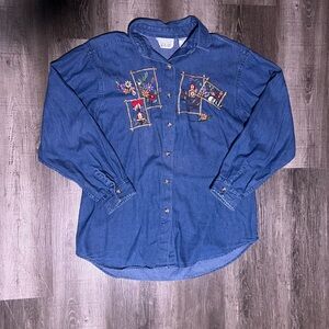 Casey & Max Denim birdhouse  floral Embroidered  Button Down Shirt Cottagecore